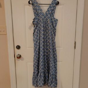 Senina Boutique Blue and White And Tan Sleeveless V-Neck Maxi Sundress size M